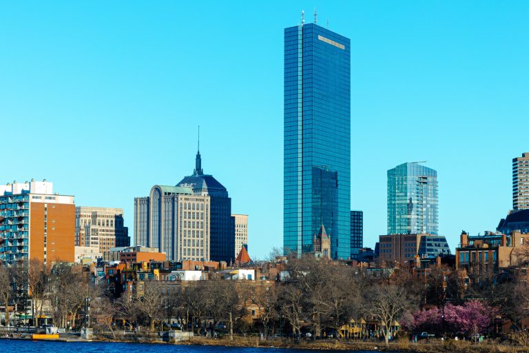Boston skyline featuring the John Hancock Tower and modern architecture