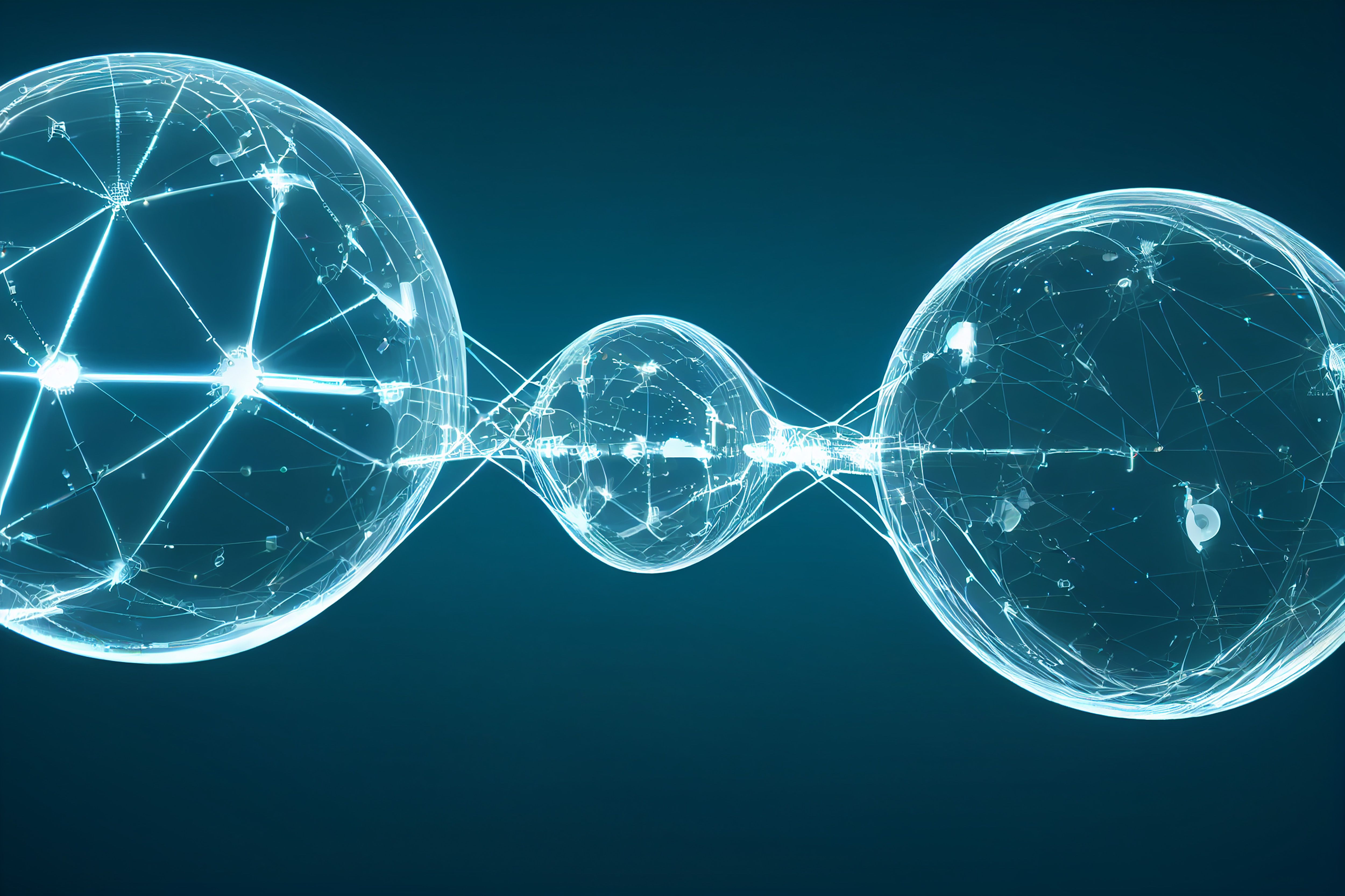 Interconnected digital spheres and glowing lines illustrating online networks and threat intelligence
